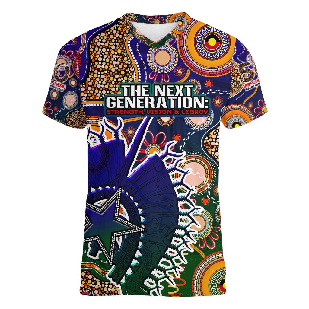 Personalised Indigenous Naidoc Week 2025 Women V-Neck T-Shirt Aboriginal and Torres Strait Islands Dhari Mask