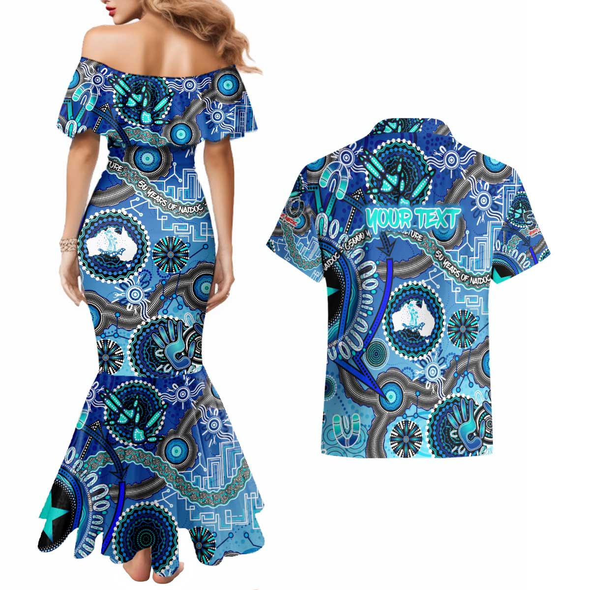 Personalised Naidoc 2025 Paint The Future Couples Matching Mermaid Dress and Hawaiian Shirt 50 Years of Naidoc - Aboriginal Art
