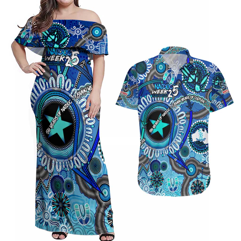Personalised Naidoc 2025 Paint The Future Couples Matching Off Shoulder Maxi Dress and Hawaiian Shirt 50 Years of Naidoc - Aboriginal Art