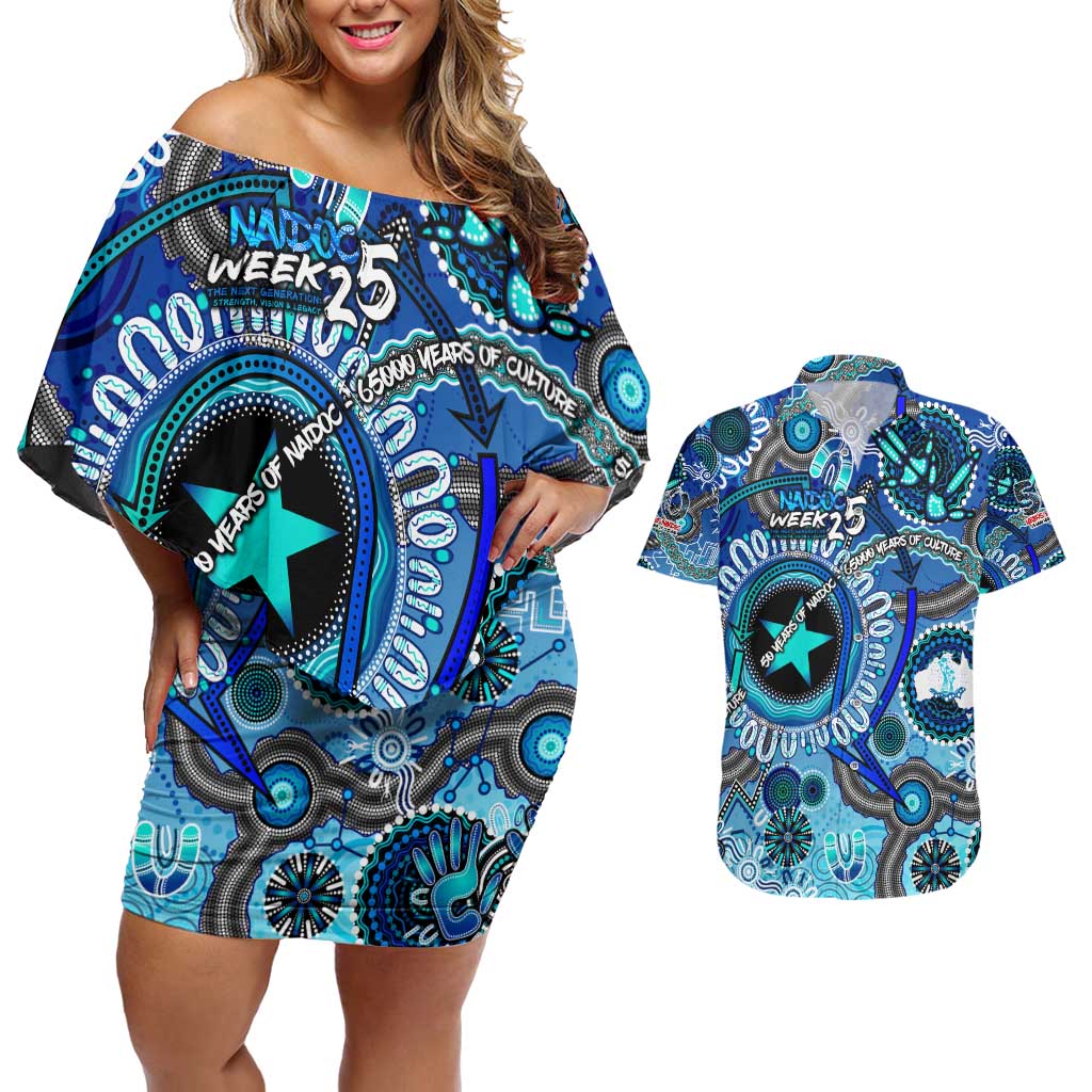 Personalised Naidoc 2025 Paint The Future Couples Matching Off Shoulder Short Dress and Hawaiian Shirt 50 Years of Naidoc - Aboriginal Art