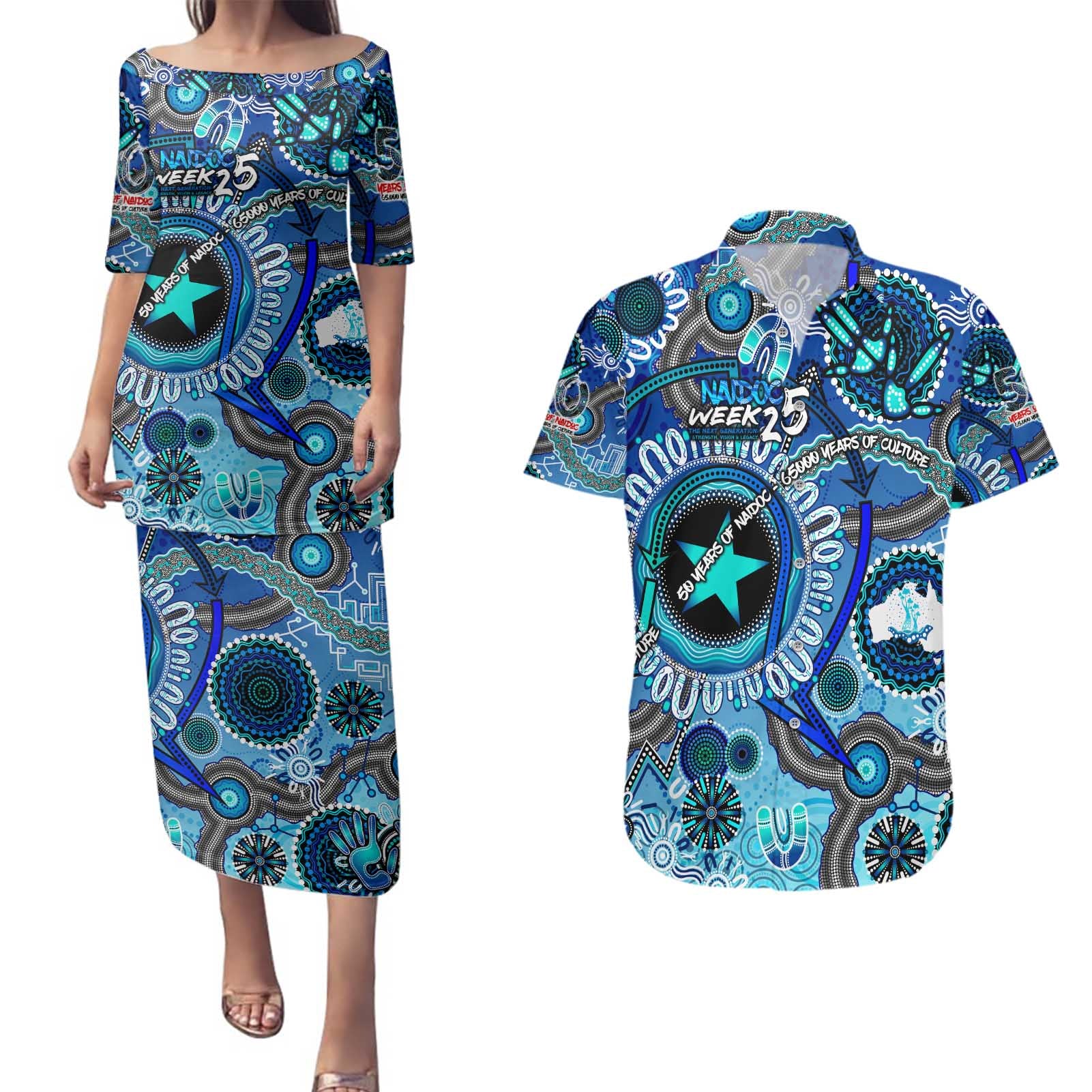 Personalised Naidoc 2025 Paint The Future Couples Matching Puletasi and Hawaiian Shirt 50 Years of Naidoc - Aboriginal Art