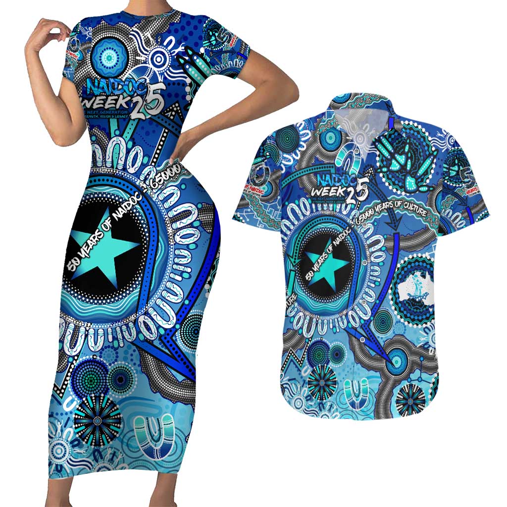 Personalised Naidoc 2025 Paint The Future Couples Matching Short Sleeve Bodycon Dress and Hawaiian Shirt 50 Years of Naidoc - Aboriginal Art