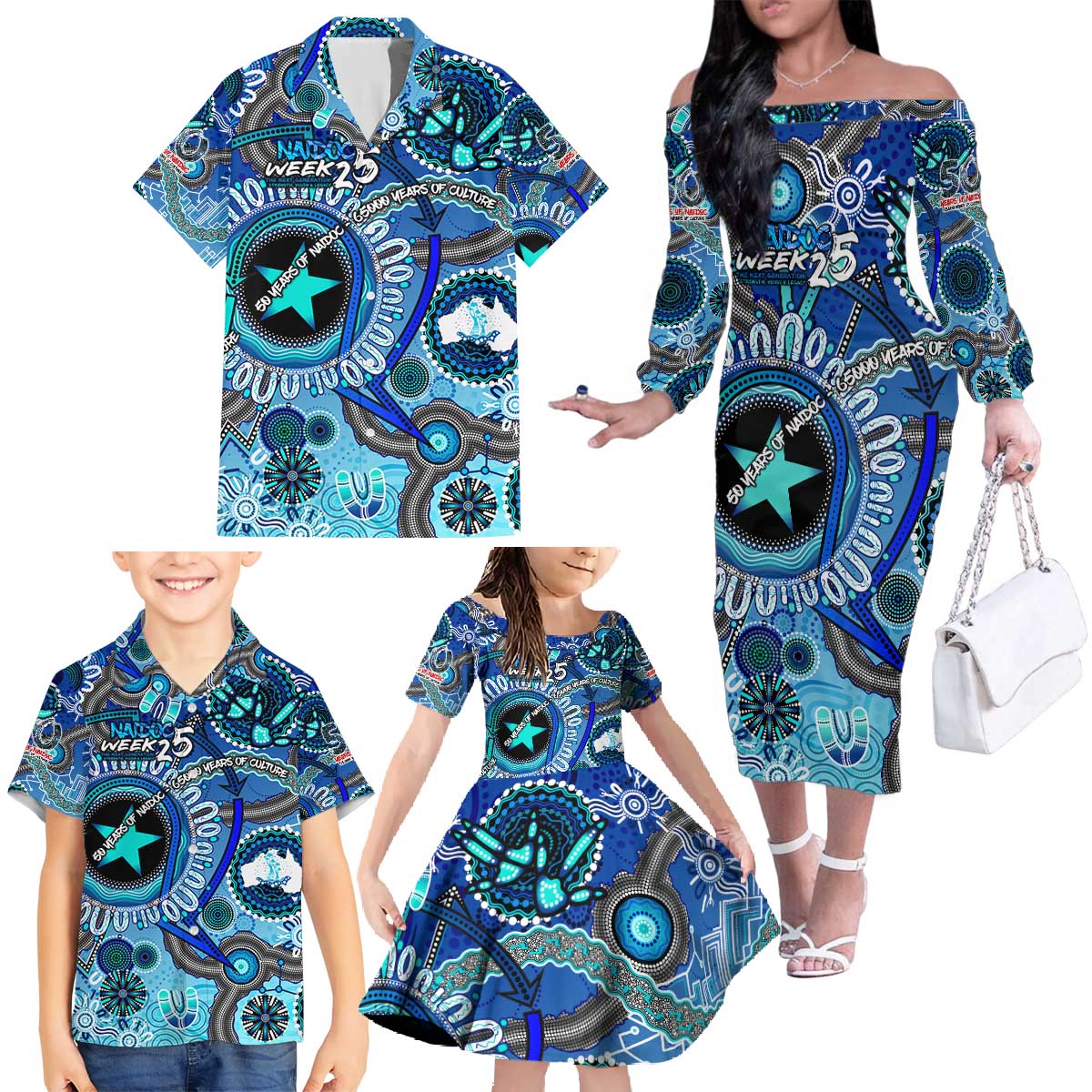 Personalised Naidoc 2025 Paint The Future Family Matching Off The Shoulder Long Sleeve Dress and Hawaiian Shirt 50 Years of Naidoc - Aboriginal Art