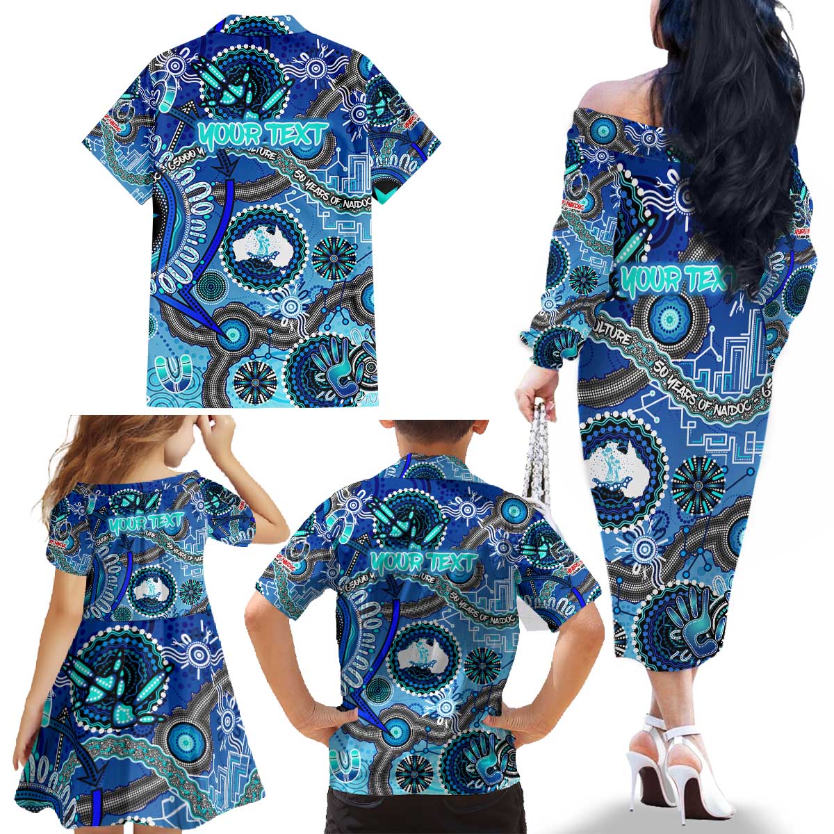 Personalised Naidoc 2025 Paint The Future Family Matching Off The Shoulder Long Sleeve Dress and Hawaiian Shirt 50 Years of Naidoc - Aboriginal Art
