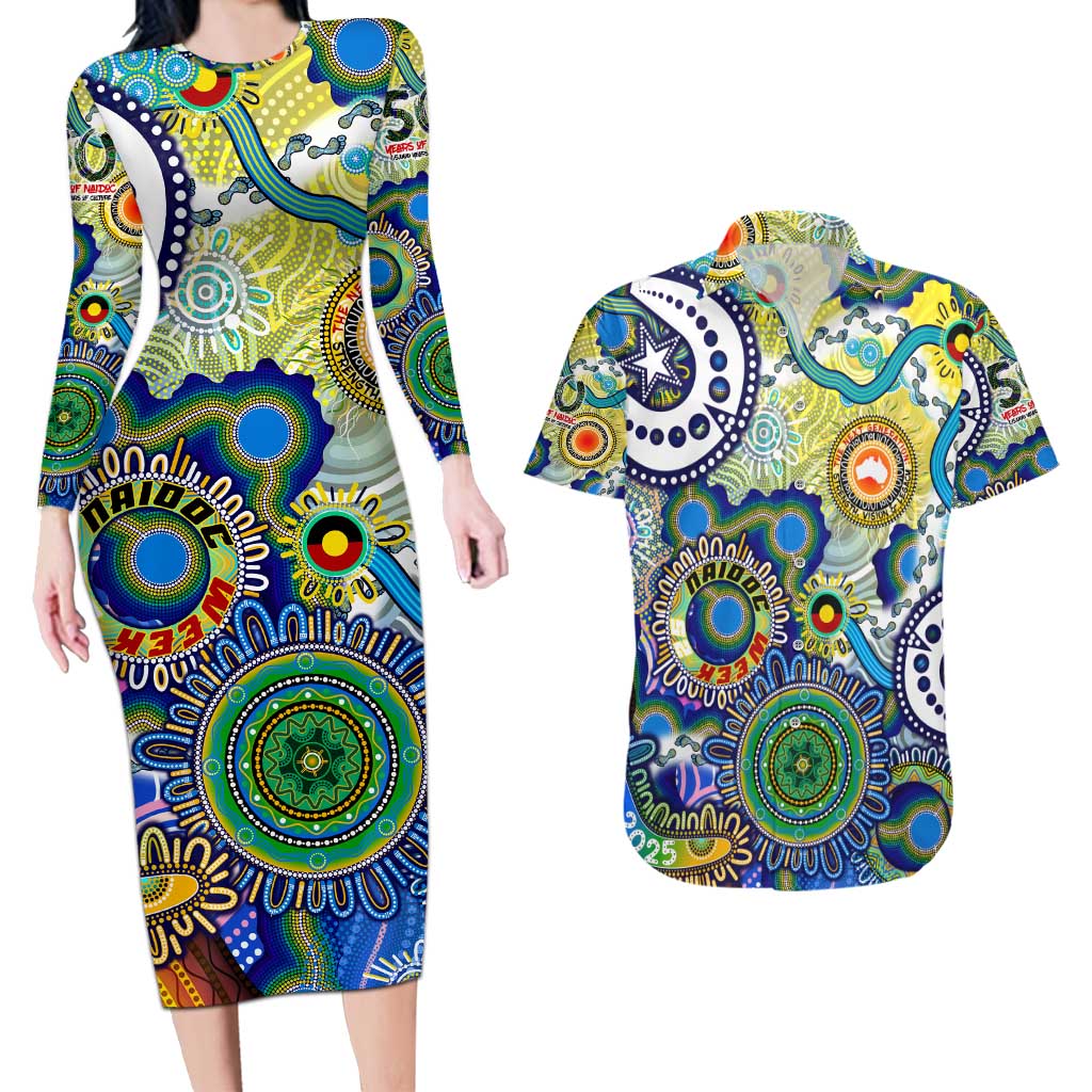 Personalised Naidoc Week 2025 Echo Australia Couples Matching Long Sleeve Bodycon Dress and Hawaiian Shirt Aboriginal Dots Painting Dhari Mask