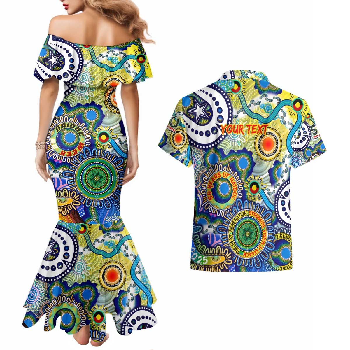 Personalised Naidoc Week 2025 Echo Australia Couples Matching Mermaid Dress and Hawaiian Shirt Aboriginal Dots Painting Dhari Mask