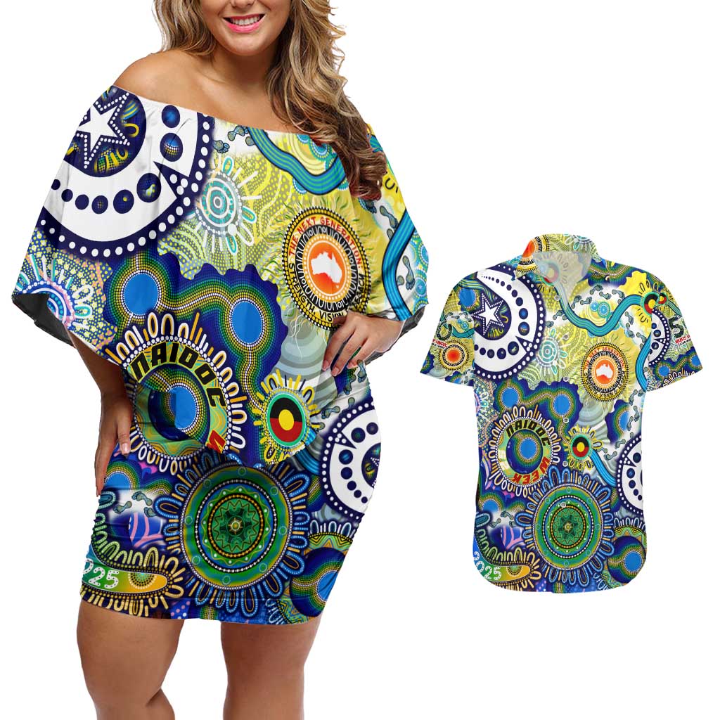 Personalised Naidoc Week 2025 Echo Australia Couples Matching Off Shoulder Short Dress and Hawaiian Shirt Aboriginal Dots Painting Dhari Mask