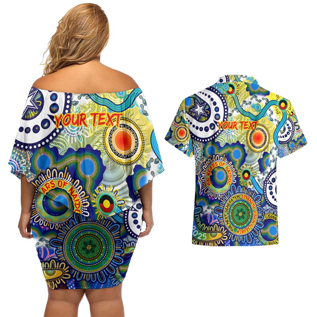 Personalised Naidoc Week 2025 Echo Australia Couples Matching Off Shoulder Short Dress and Hawaiian Shirt Aboriginal Dots Painting Dhari Mask
