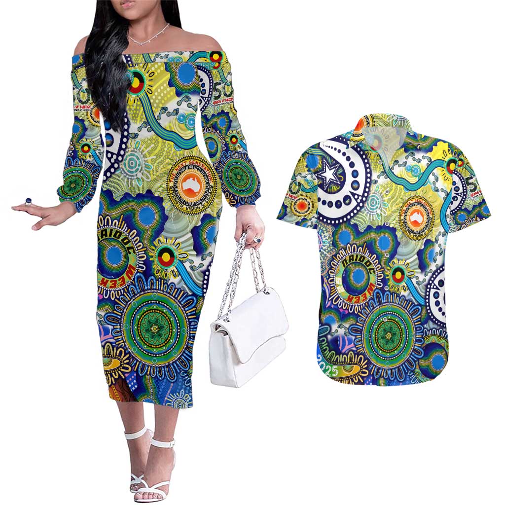 Personalised Naidoc Week 2025 Echo Australia Couples Matching Off The Shoulder Long Sleeve Dress and Hawaiian Shirt Aboriginal Dots Painting Dhari Mask