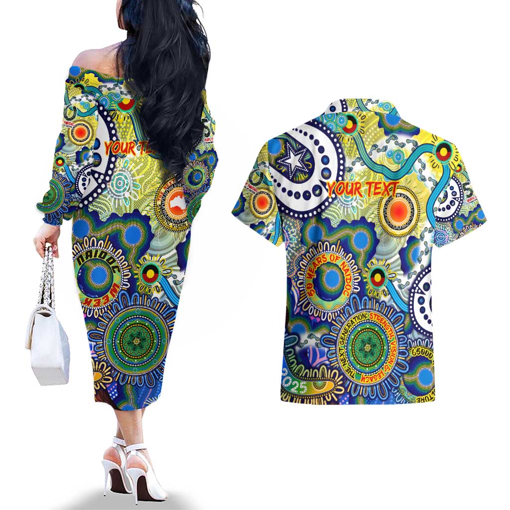 Personalised Naidoc Week 2025 Echo Australia Couples Matching Off The Shoulder Long Sleeve Dress and Hawaiian Shirt Aboriginal Dots Painting Dhari Mask