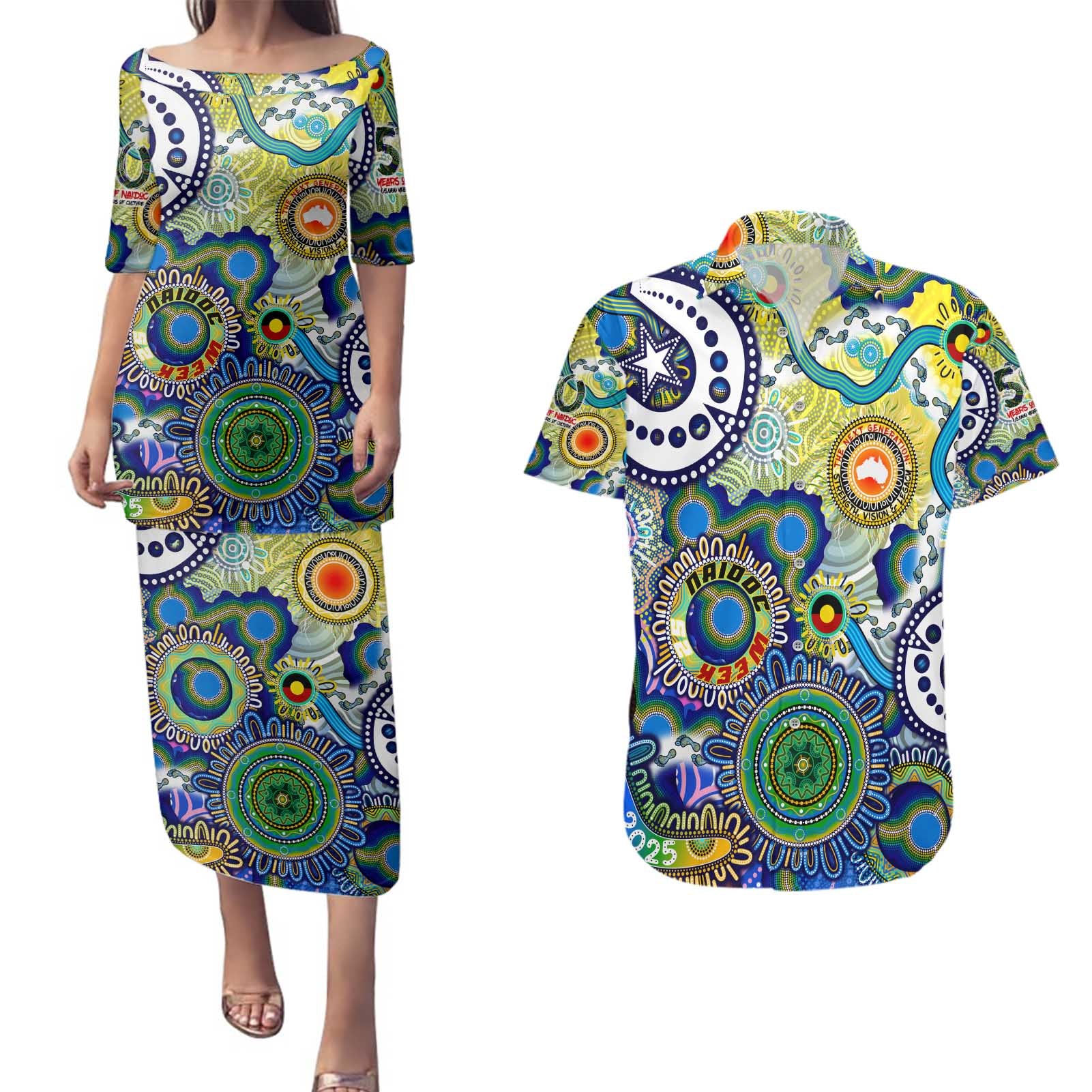 Personalised Naidoc Week 2025 Echo Australia Couples Matching Puletasi and Hawaiian Shirt Aboriginal Dots Painting Dhari Mask