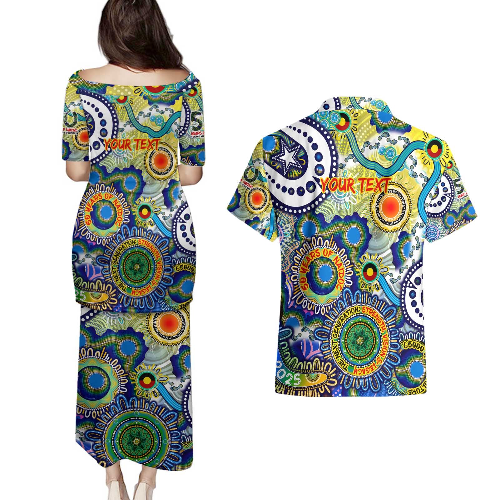 Personalised Naidoc Week 2025 Echo Australia Couples Matching Puletasi and Hawaiian Shirt Aboriginal Dots Painting Dhari Mask