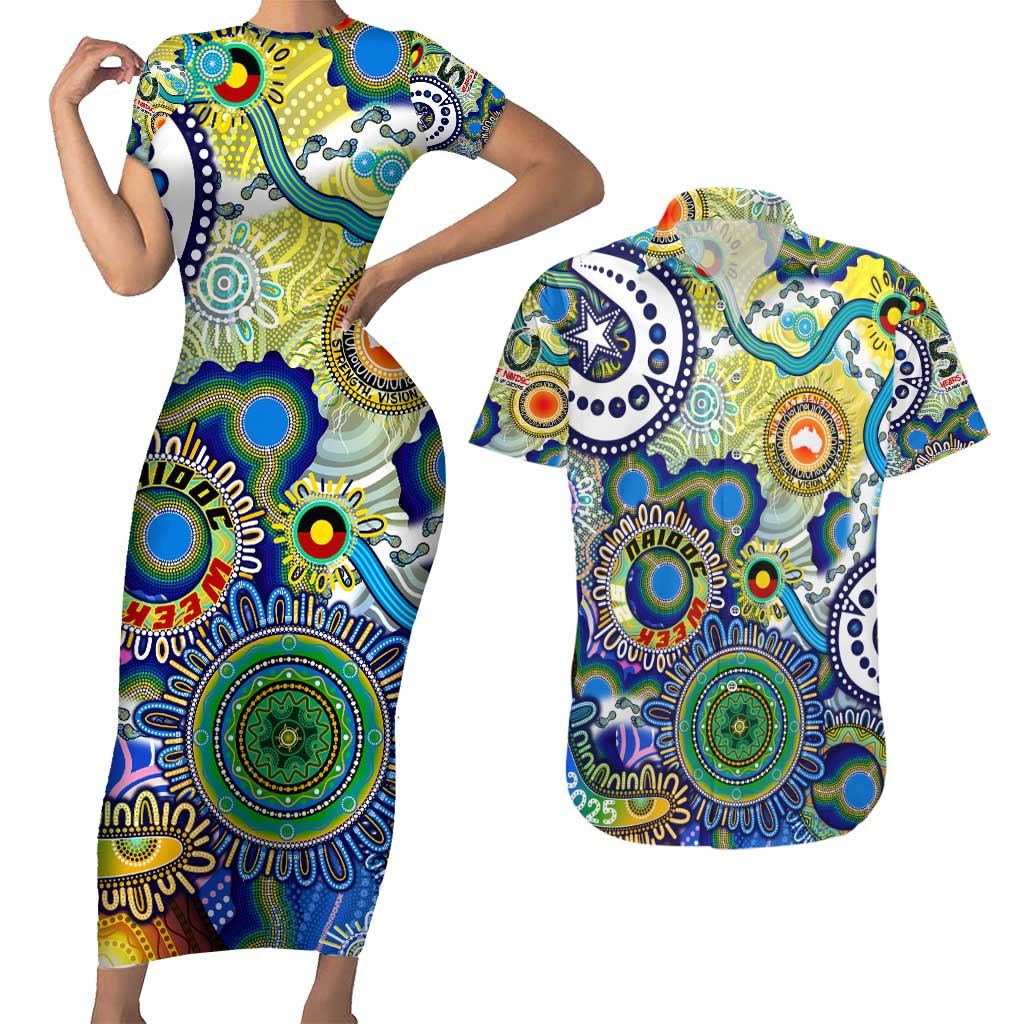Personalised Naidoc Week 2025 Echo Australia Couples Matching Short Sleeve Bodycon Dress and Hawaiian Shirt Aboriginal Dots Painting Dhari Mask