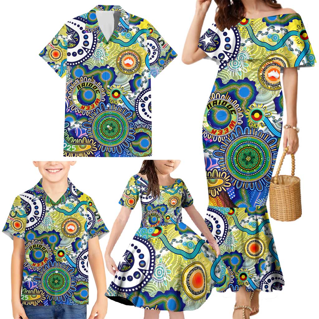 Personalised Naidoc Week 2025 Echo Australia Family Matching Mermaid Dress and Hawaiian Shirt Aboriginal Dots Painting Dhari Mask