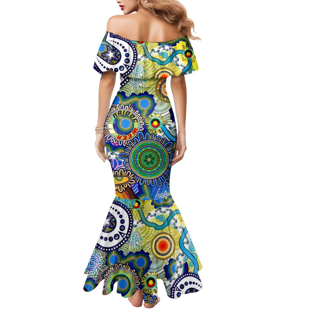 Personalised Naidoc Week 2025 Echo Australia Family Matching Mermaid Dress and Hawaiian Shirt Aboriginal Dots Painting Dhari Mask