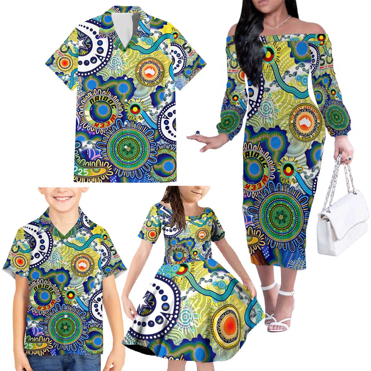 Personalised Naidoc Week 2025 Echo Australia Family Matching Off The Shoulder Long Sleeve Dress and Hawaiian Shirt Aboriginal Dots Painting Dhari Mask