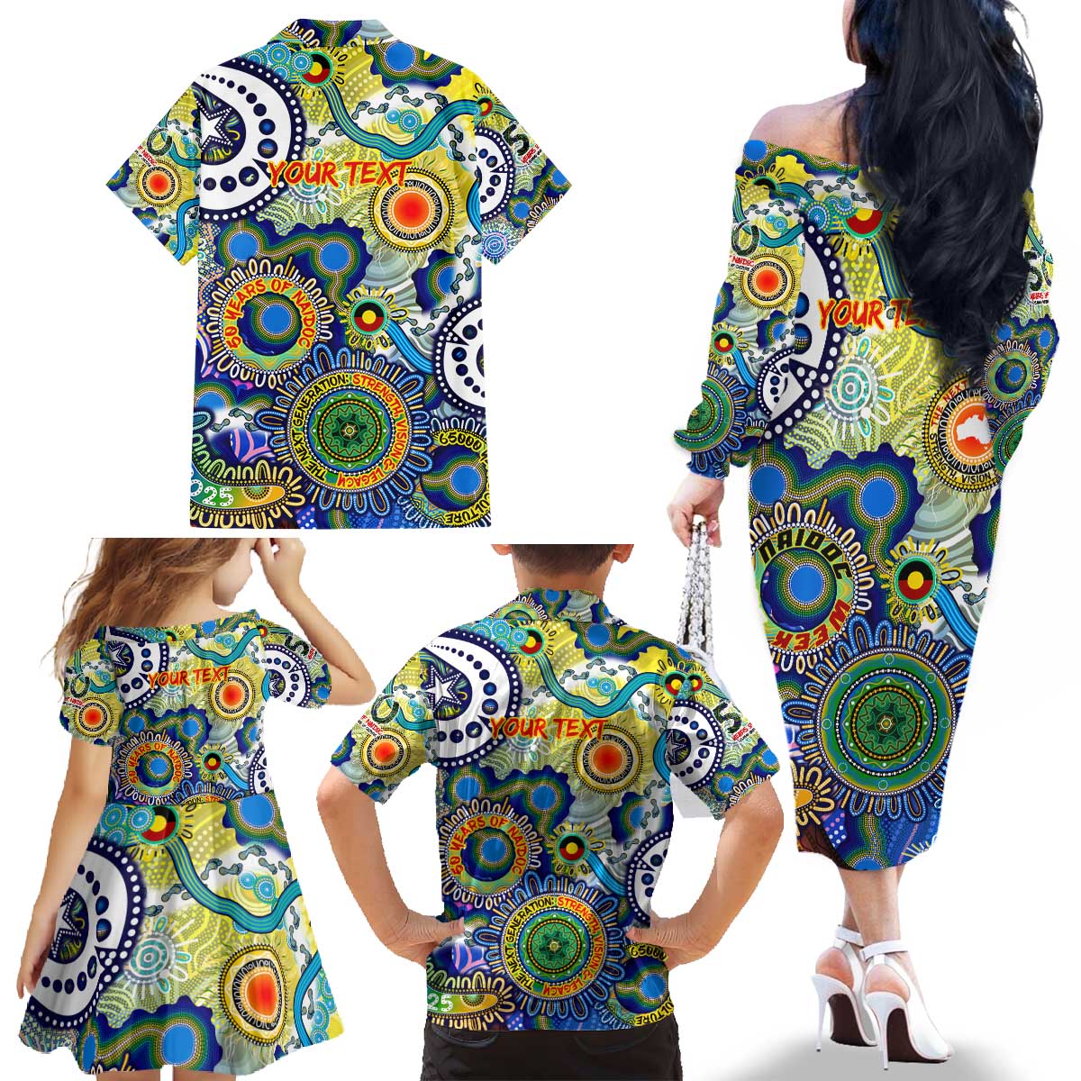 Personalised Naidoc Week 2025 Echo Australia Family Matching Off The Shoulder Long Sleeve Dress and Hawaiian Shirt Aboriginal Dots Painting Dhari Mask