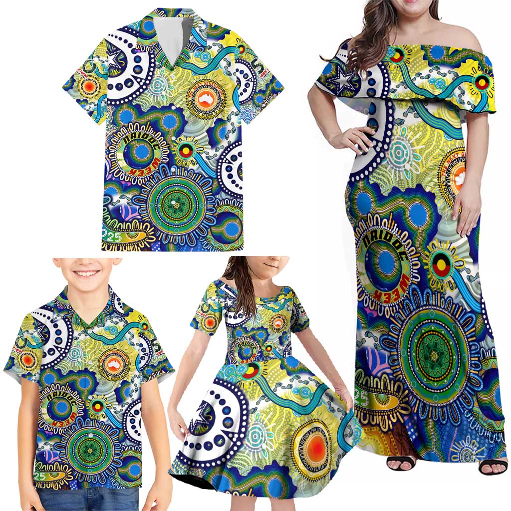 Personalised Naidoc Week 2025 Echo Australia Family Matching Off Shoulder Maxi Dress and Hawaiian Shirt Aboriginal Dots Painting Dhari Mask
