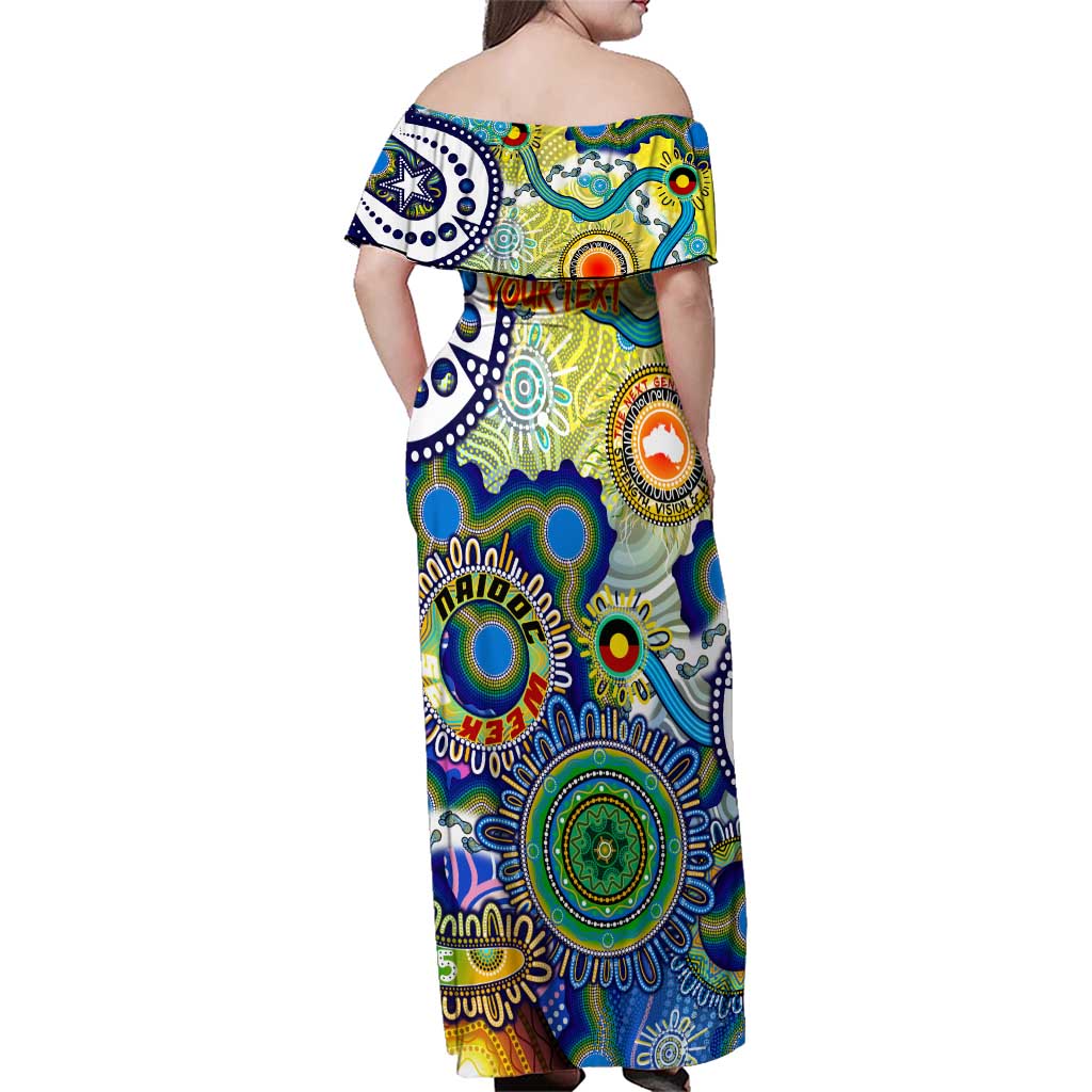Personalised Naidoc Week 2025 Echo Australia Family Matching Off Shoulder Maxi Dress and Hawaiian Shirt Aboriginal Dots Painting Dhari Mask