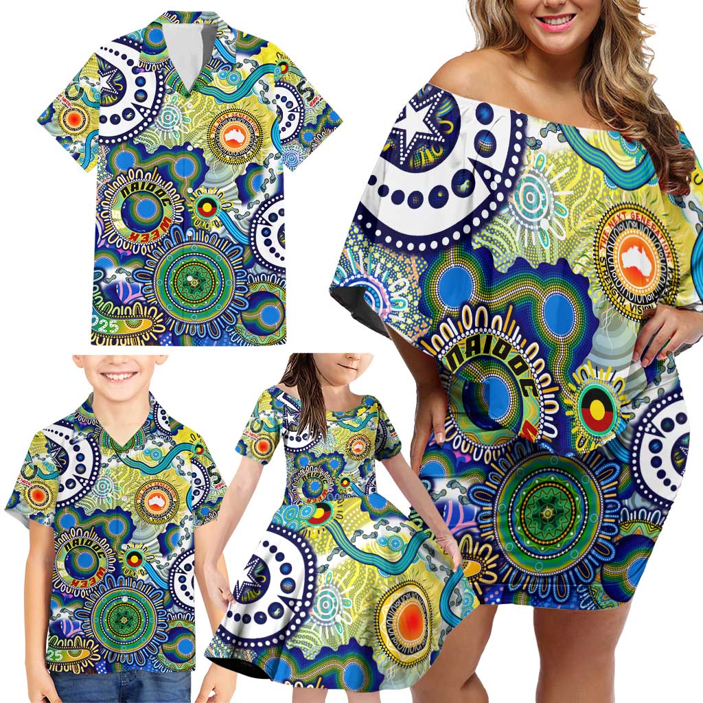 Personalised Naidoc Week 2025 Echo Australia Family Matching Off Shoulder Short Dress and Hawaiian Shirt Aboriginal Dots Painting Dhari Mask
