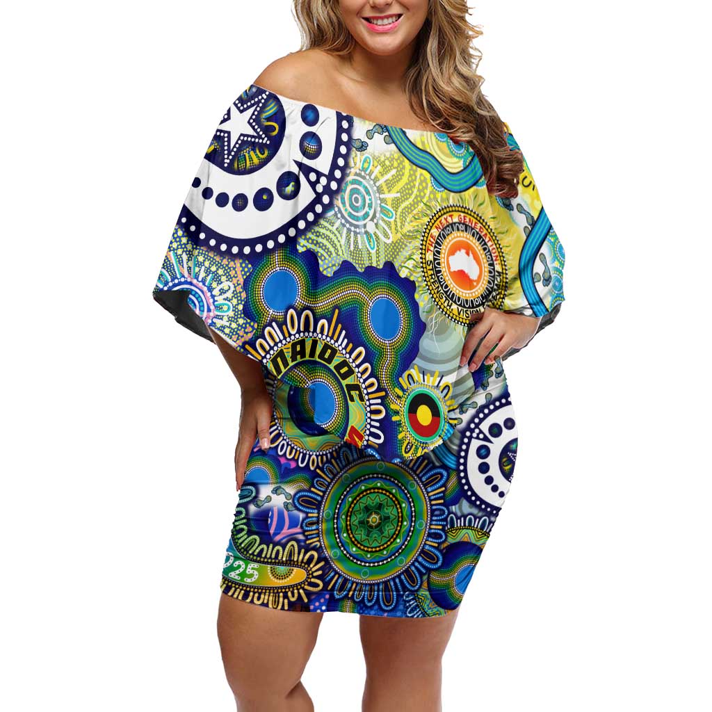 Personalised Naidoc Week 2025 Echo Australia Family Matching Off Shoulder Short Dress and Hawaiian Shirt Aboriginal Dots Painting Dhari Mask
