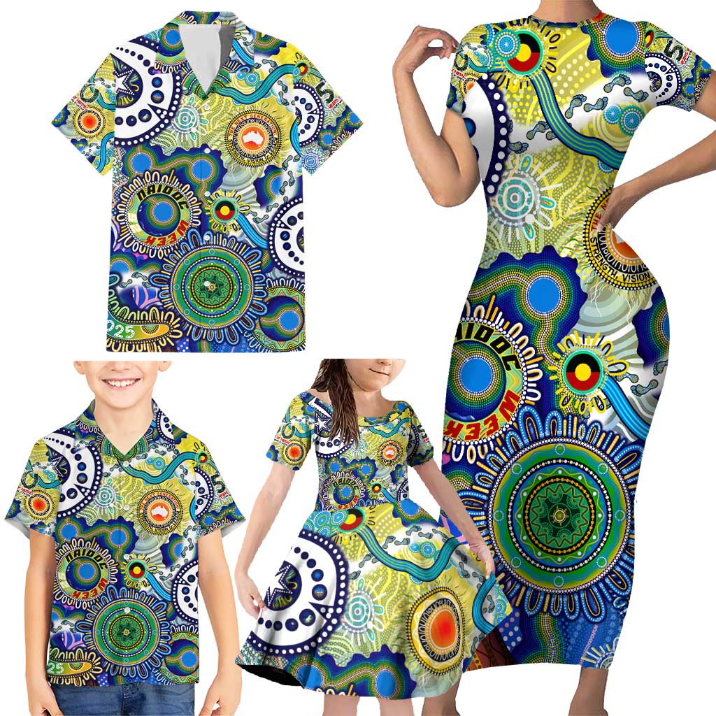 Personalised Naidoc Week 2025 Echo Australia Family Matching Short Sleeve Bodycon Dress and Hawaiian Shirt Aboriginal Dots Painting Dhari Mask