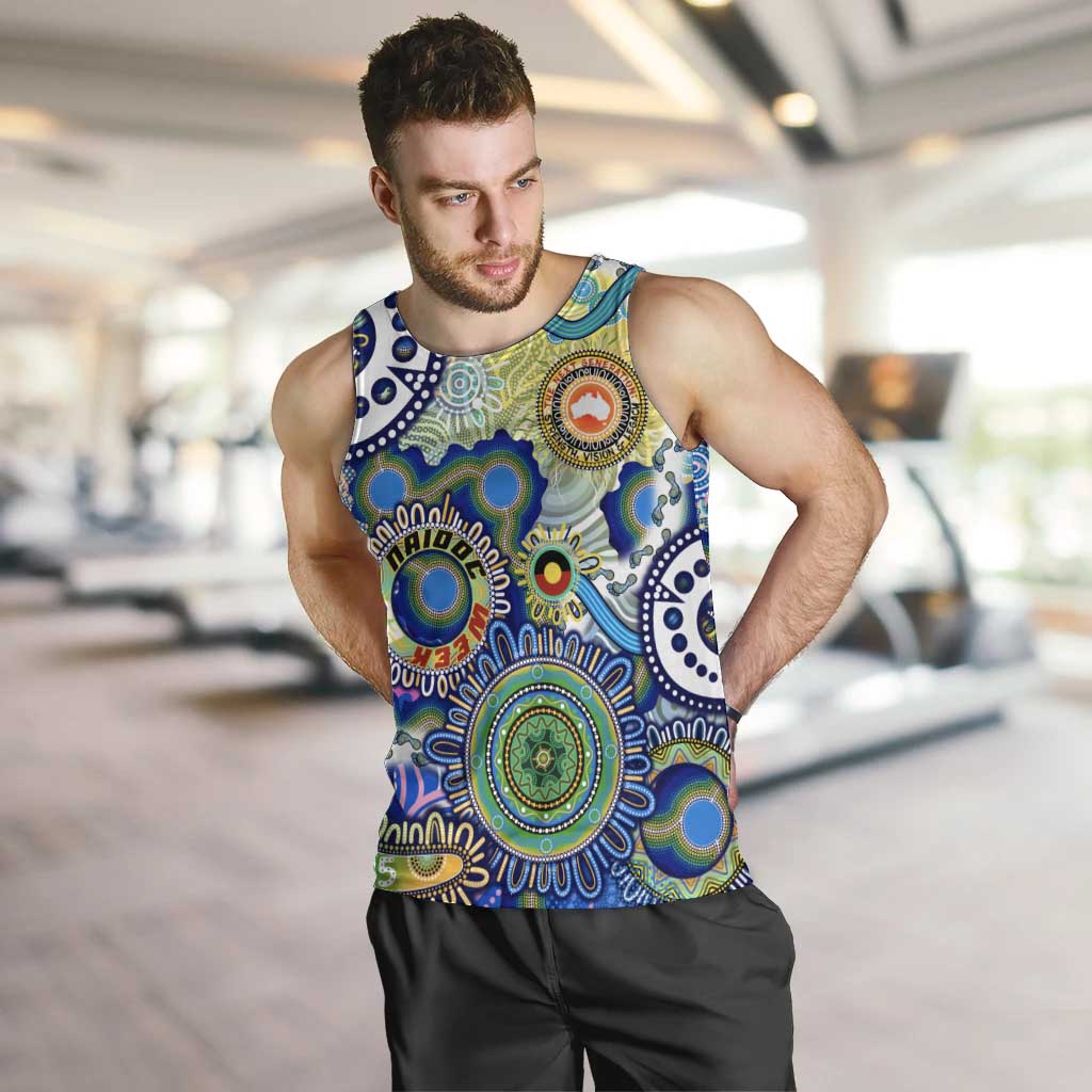 Personalised Naidoc Week 2025 Echo Australia Men Tank Top Aboriginal Dots Painting Dhari Mask