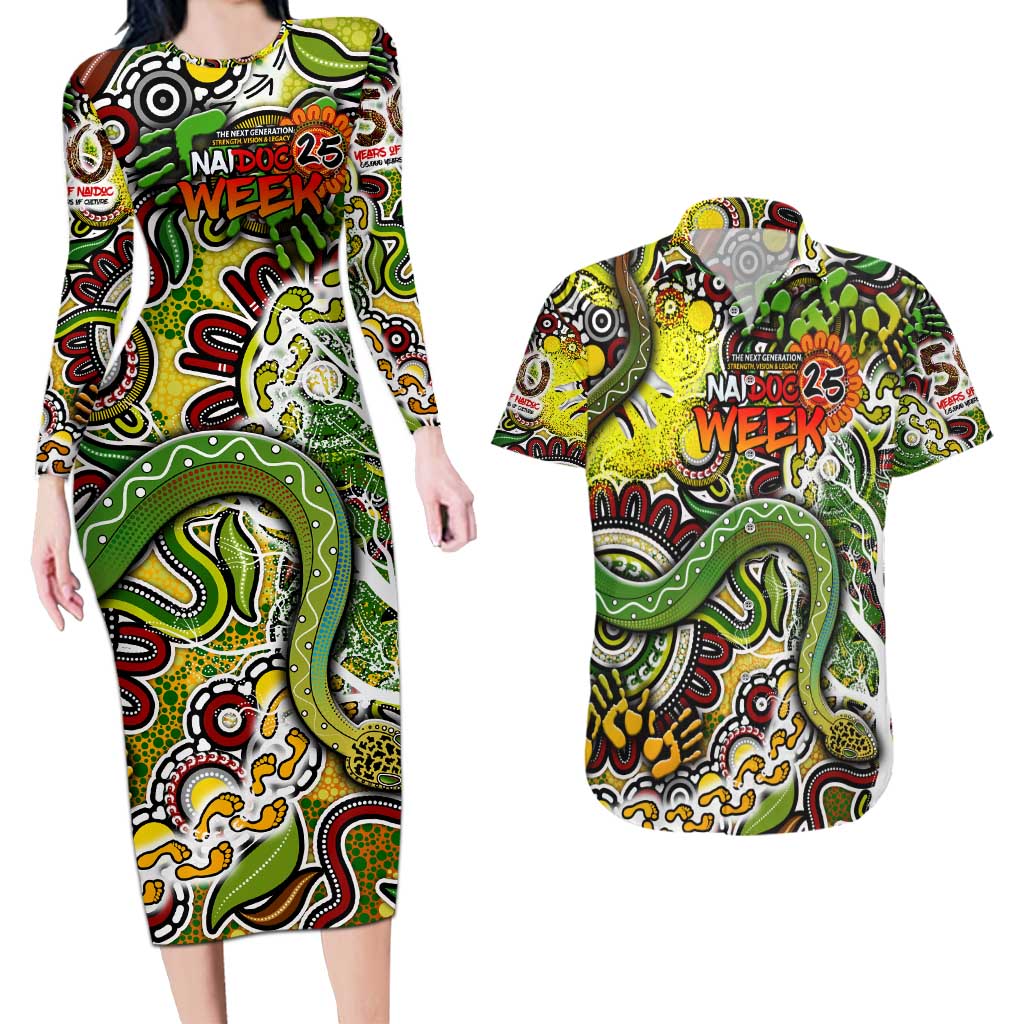 Personalised Indigenous Naidoc Week 2025 Couples Matching Long Sleeve Bodycon Dress and Hawaiian Shirt Aboriginal Snake Handprints Footprints