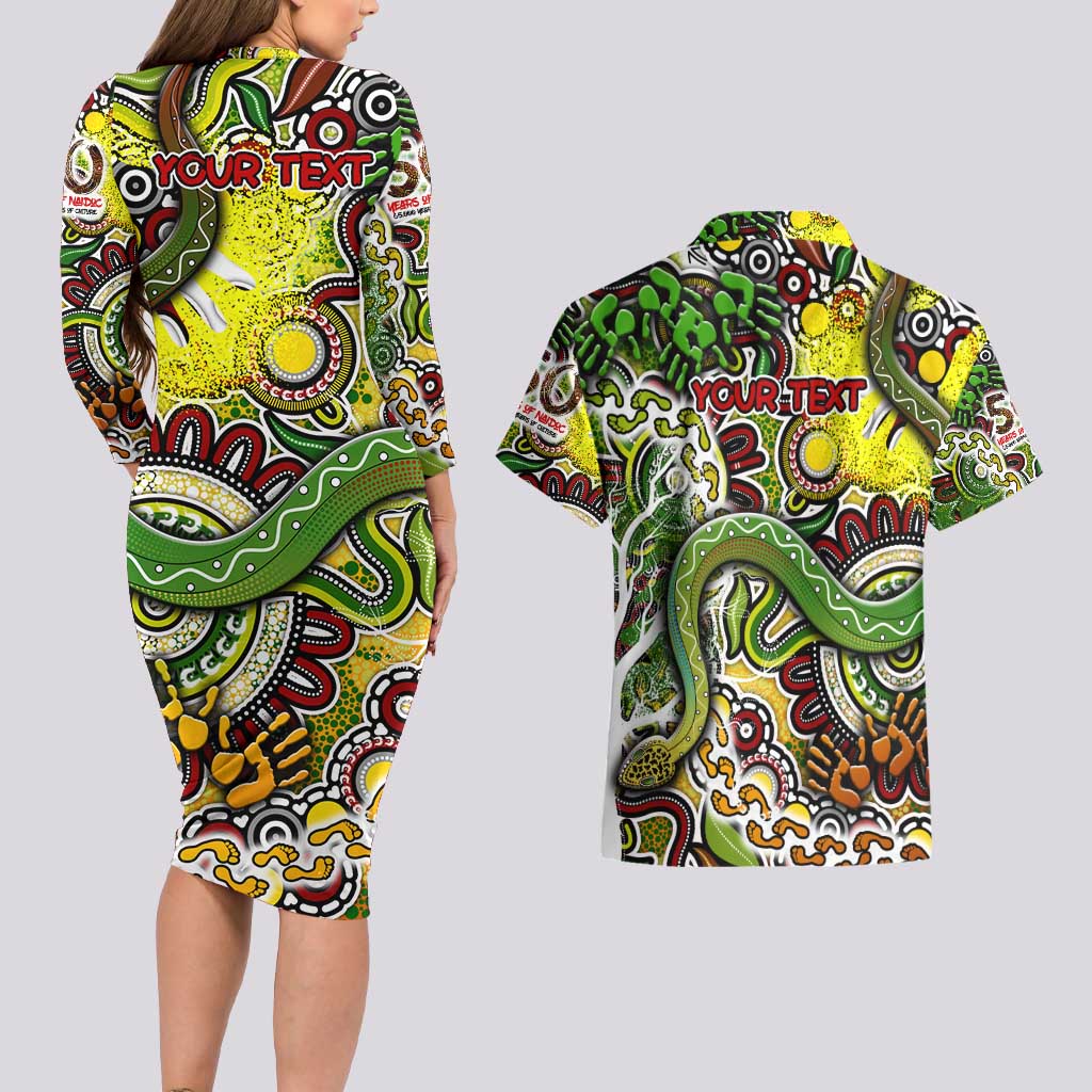 Personalised Indigenous Naidoc Week 2025 Couples Matching Long Sleeve Bodycon Dress and Hawaiian Shirt Aboriginal Snake Handprints Footprints