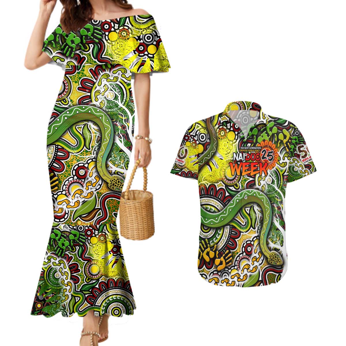 Personalised Indigenous Naidoc Week 2025 Couples Matching Mermaid Dress and Hawaiian Shirt Aboriginal Snake Handprints Footprints