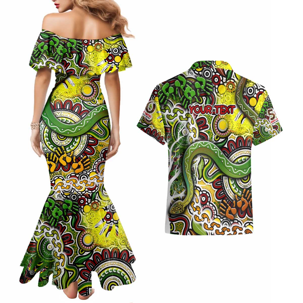 Personalised Indigenous Naidoc Week 2025 Couples Matching Mermaid Dress and Hawaiian Shirt Aboriginal Snake Handprints Footprints