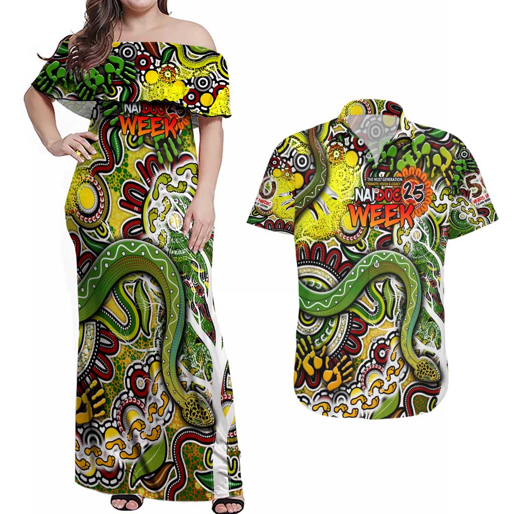 Personalised Indigenous Naidoc Week 2025 Couples Matching Off Shoulder Maxi Dress and Hawaiian Shirt Aboriginal Snake Handprints Footprints