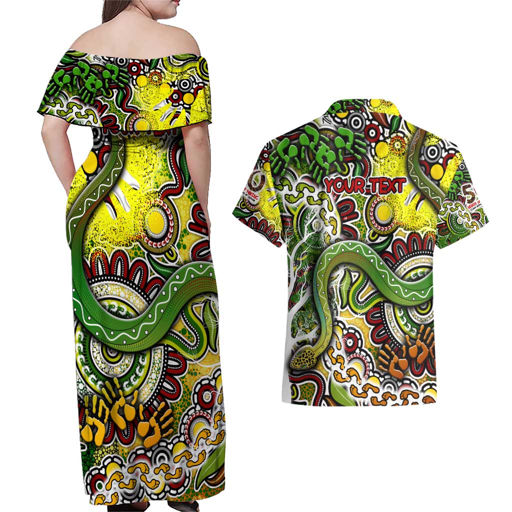 Personalised Indigenous Naidoc Week 2025 Couples Matching Off Shoulder Maxi Dress and Hawaiian Shirt Aboriginal Snake Handprints Footprints