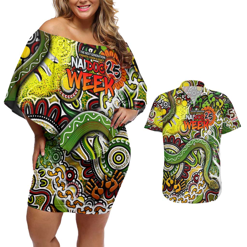 Personalised Indigenous Naidoc Week 2025 Couples Matching Off Shoulder Short Dress and Hawaiian Shirt Aboriginal Snake Handprints Footprints