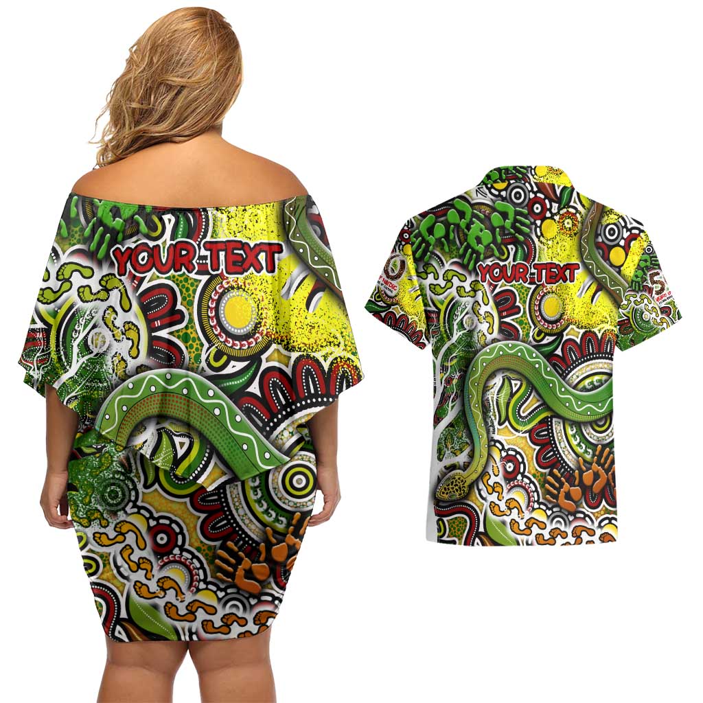 Personalised Indigenous Naidoc Week 2025 Couples Matching Off Shoulder Short Dress and Hawaiian Shirt Aboriginal Snake Handprints Footprints