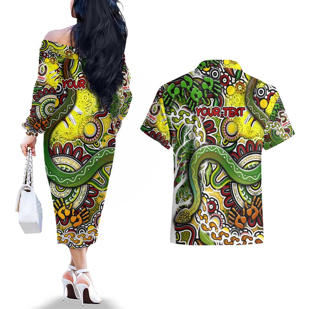 Personalised Indigenous Naidoc Week 2025 Couples Matching Off The Shoulder Long Sleeve Dress and Hawaiian Shirt Aboriginal Snake Handprints Footprints