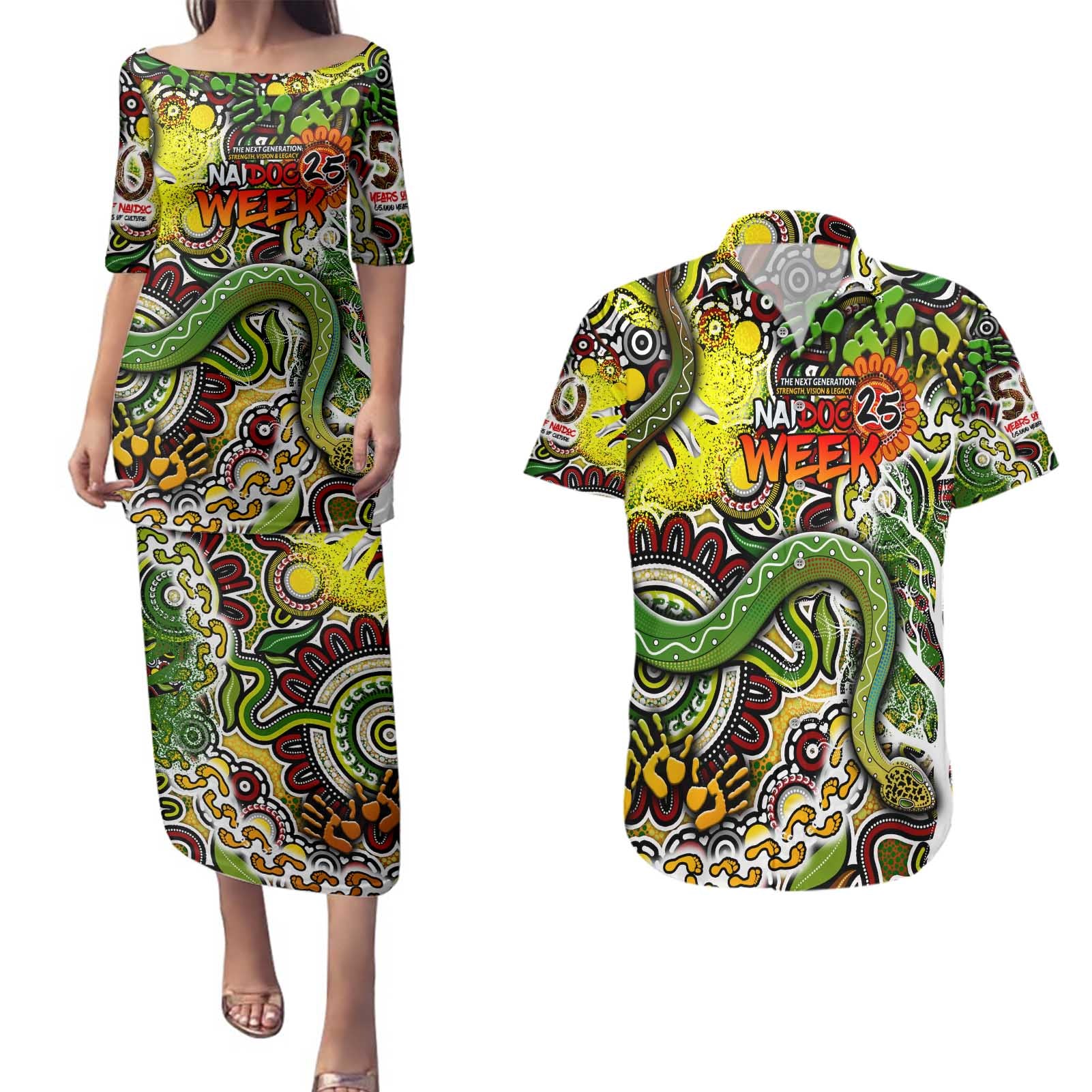 Personalised Indigenous Naidoc Week 2025 Couples Matching Puletasi and Hawaiian Shirt Aboriginal Snake Handprints Footprints