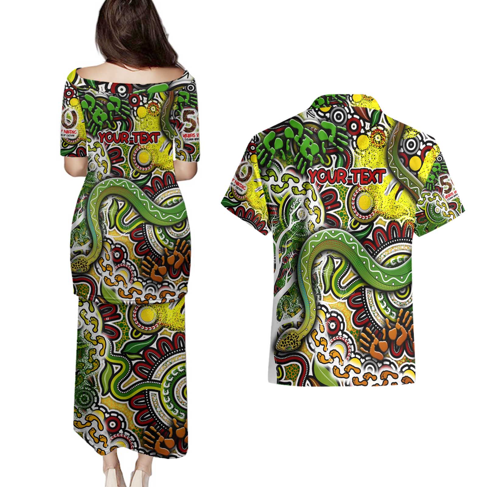 Personalised Indigenous Naidoc Week 2025 Couples Matching Puletasi and Hawaiian Shirt Aboriginal Snake Handprints Footprints