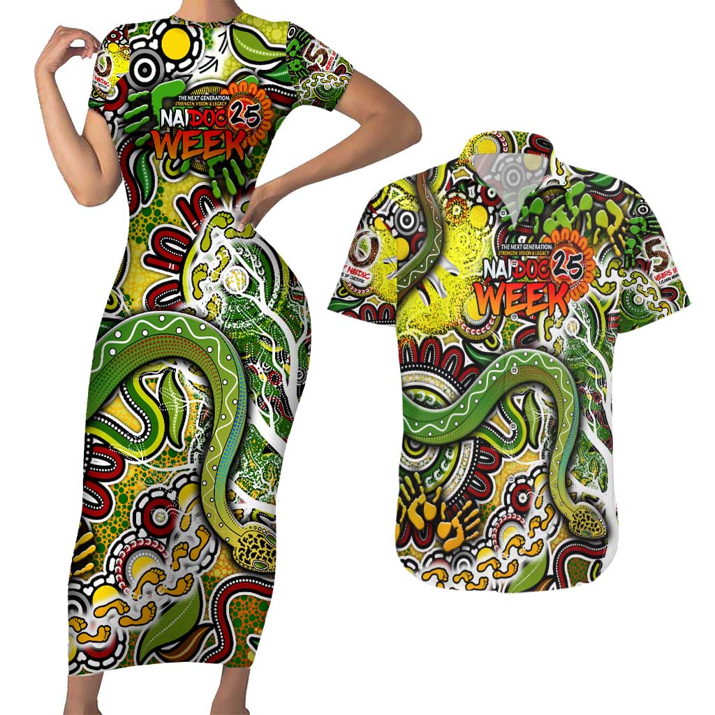 Personalised Indigenous Naidoc Week 2025 Couples Matching Short Sleeve Bodycon Dress and Hawaiian Shirt Aboriginal Snake Handprints Footprints