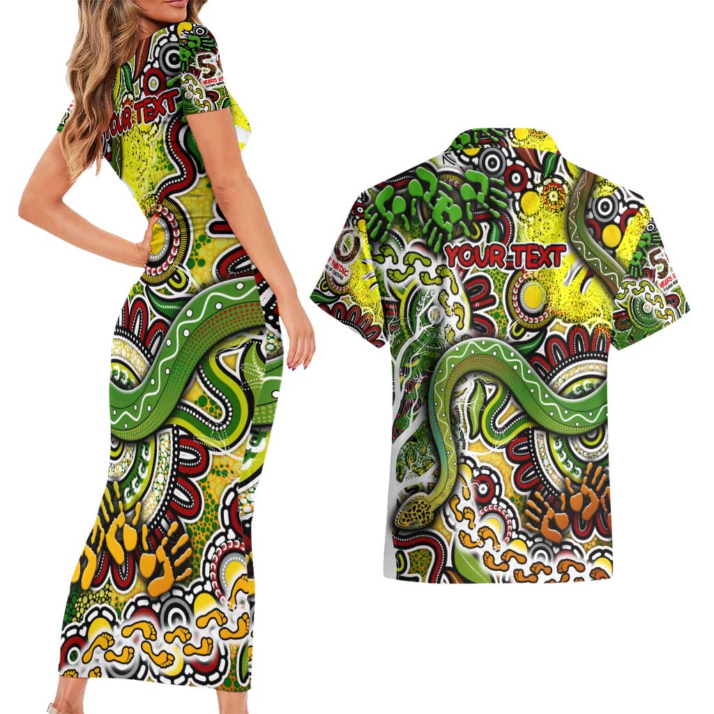 Personalised Indigenous Naidoc Week 2025 Couples Matching Short Sleeve Bodycon Dress and Hawaiian Shirt Aboriginal Snake Handprints Footprints