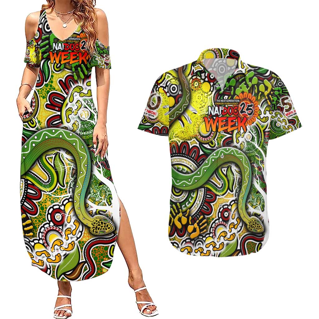 Personalised Indigenous Naidoc Week 2025 Couples Matching Summer Maxi Dress and Hawaiian Shirt Aboriginal Snake Handprints Footprints