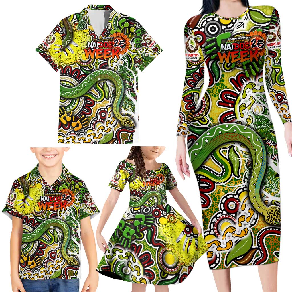 Personalised Indigenous Naidoc Week 2025 Family Matching Long Sleeve Bodycon Dress and Hawaiian Shirt Aboriginal Snake Handprints Footprints