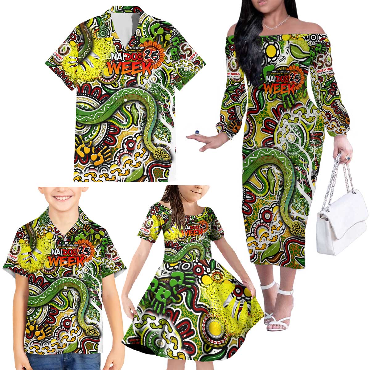 Personalised Indigenous Naidoc Week 2025 Family Matching Off The Shoulder Long Sleeve Dress and Hawaiian Shirt Aboriginal Snake Handprints Footprints