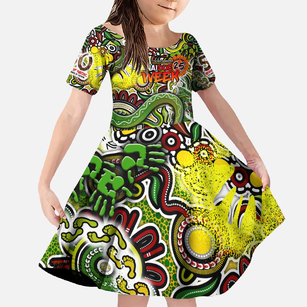 Personalised Indigenous Naidoc Week 2025 Family Matching Off The Shoulder Long Sleeve Dress and Hawaiian Shirt Aboriginal Snake Handprints Footprints