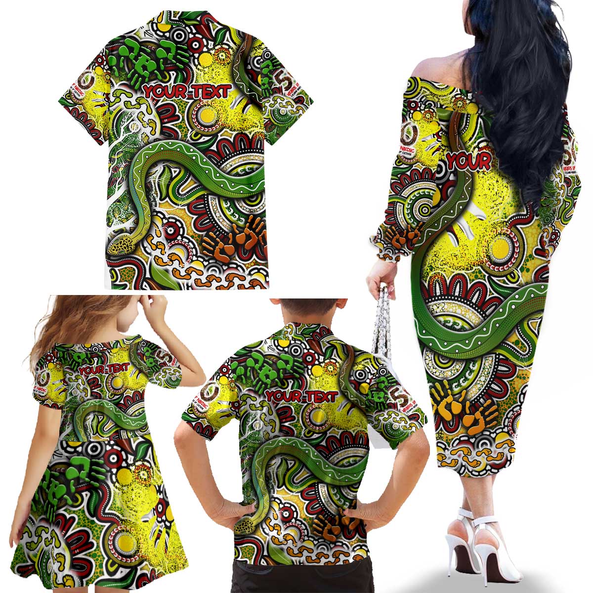 Personalised Indigenous Naidoc Week 2025 Family Matching Off The Shoulder Long Sleeve Dress and Hawaiian Shirt Aboriginal Snake Handprints Footprints