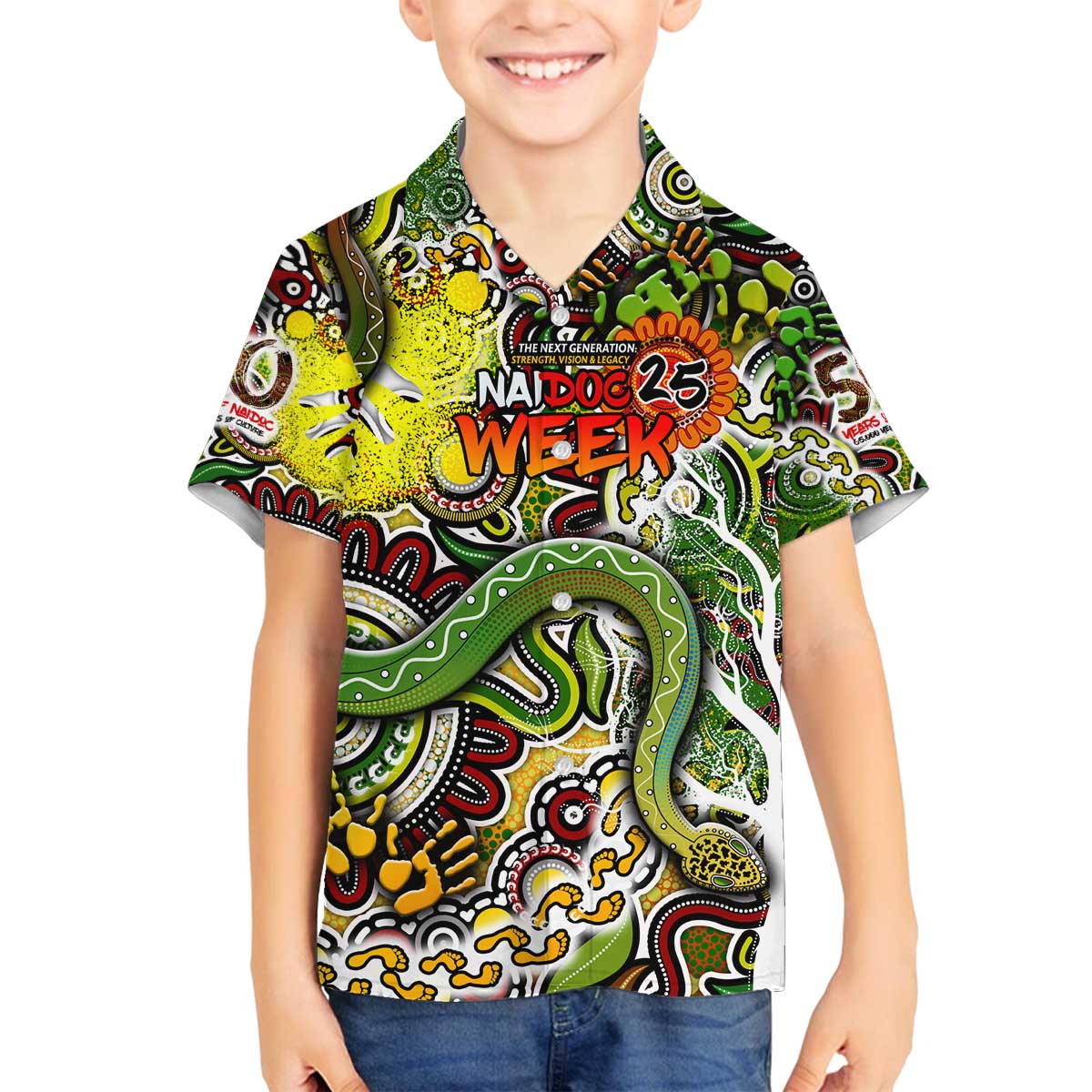 Personalised Indigenous Naidoc Week 2025 Family Matching Off The Shoulder Long Sleeve Dress and Hawaiian Shirt Aboriginal Snake Handprints Footprints