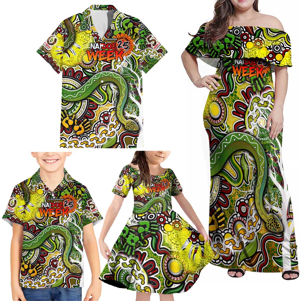 Personalised Indigenous Naidoc Week 2025 Family Matching Off Shoulder Maxi Dress and Hawaiian Shirt Aboriginal Snake Handprints Footprints