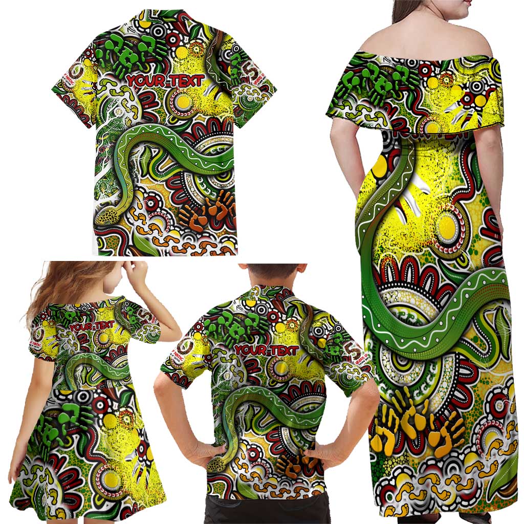 Personalised Indigenous Naidoc Week 2025 Family Matching Off Shoulder Maxi Dress and Hawaiian Shirt Aboriginal Snake Handprints Footprints