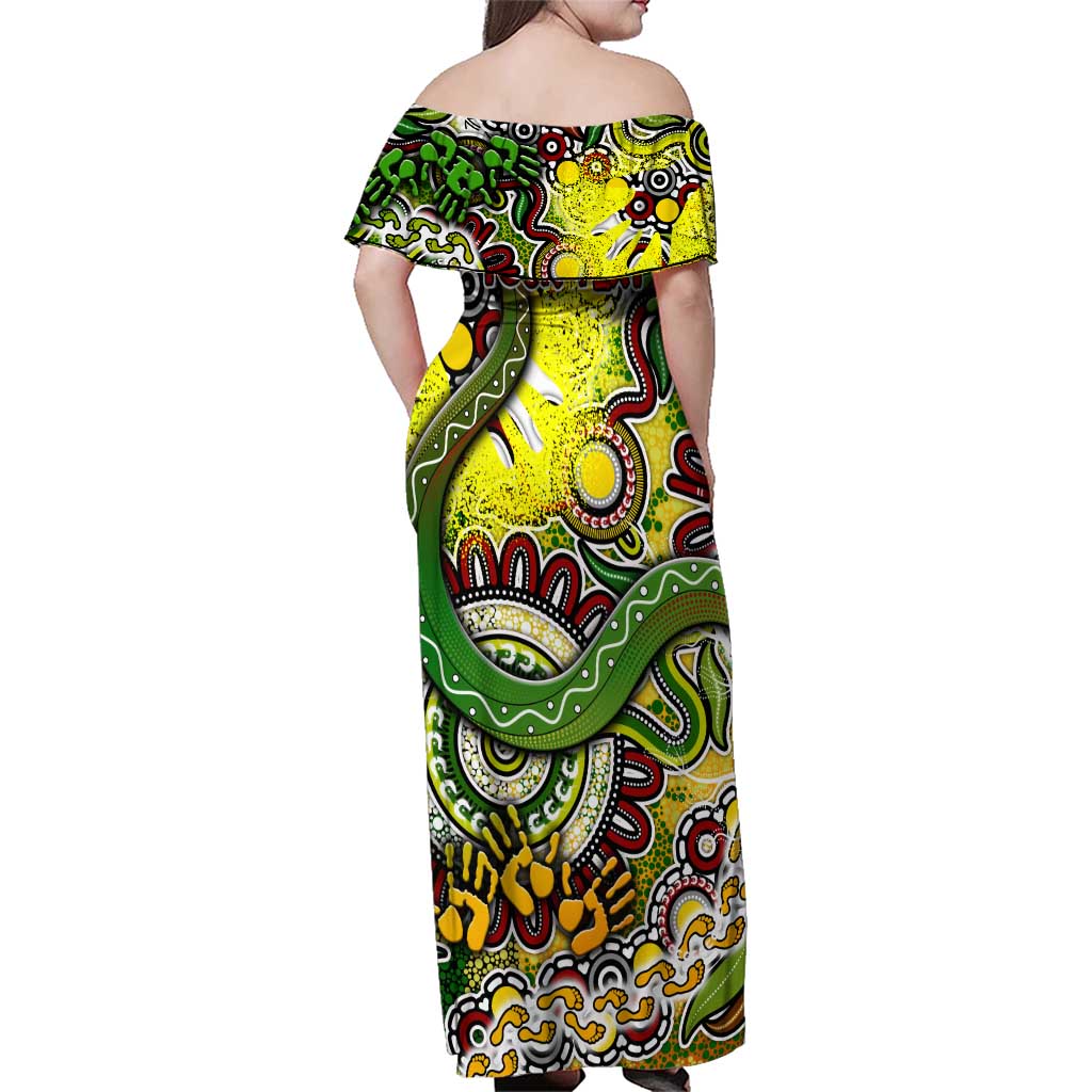 Personalised Indigenous Naidoc Week 2025 Family Matching Off Shoulder Maxi Dress and Hawaiian Shirt Aboriginal Snake Handprints Footprints