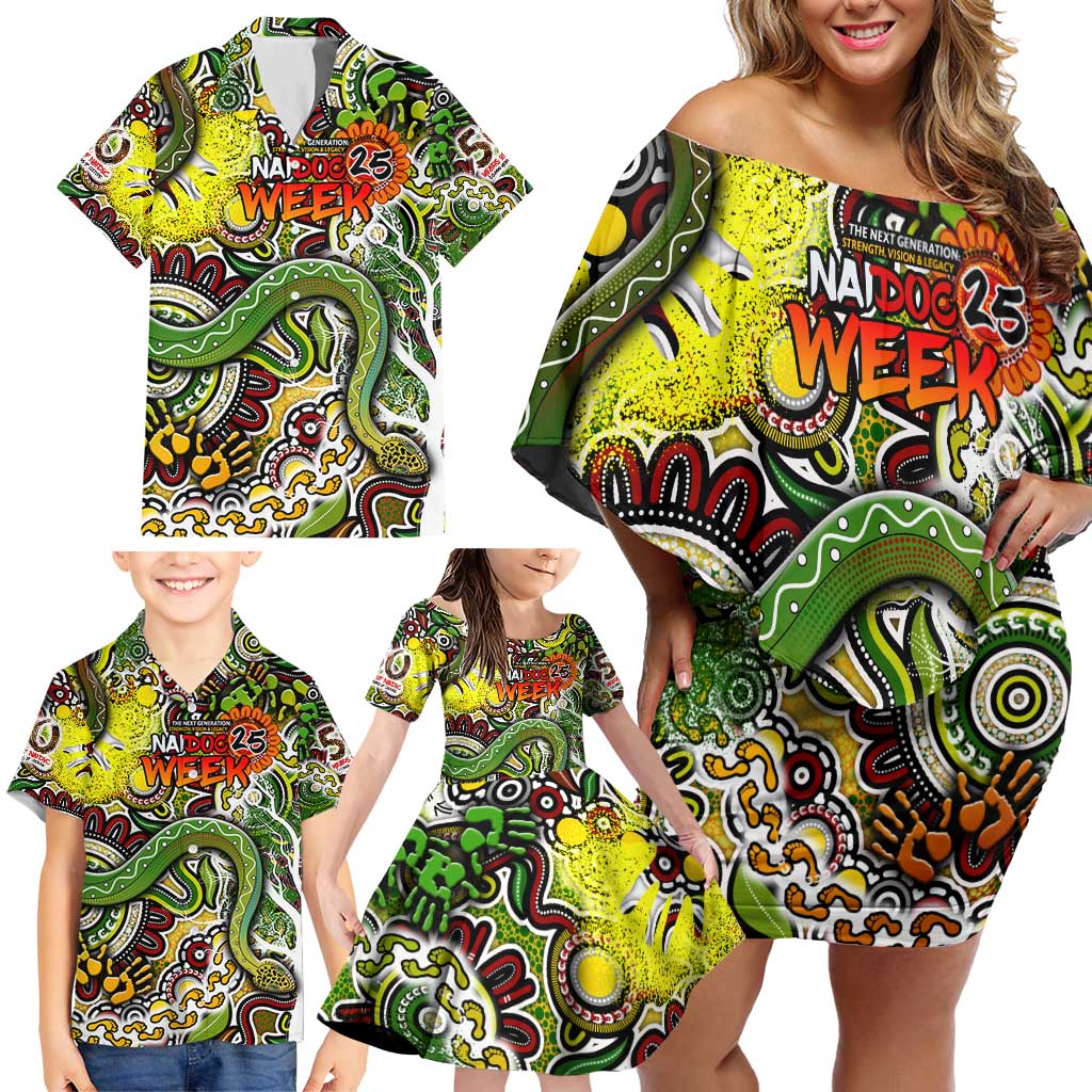 Personalised Indigenous Naidoc Week 2025 Family Matching Off Shoulder Short Dress and Hawaiian Shirt Aboriginal Snake Handprints Footprints